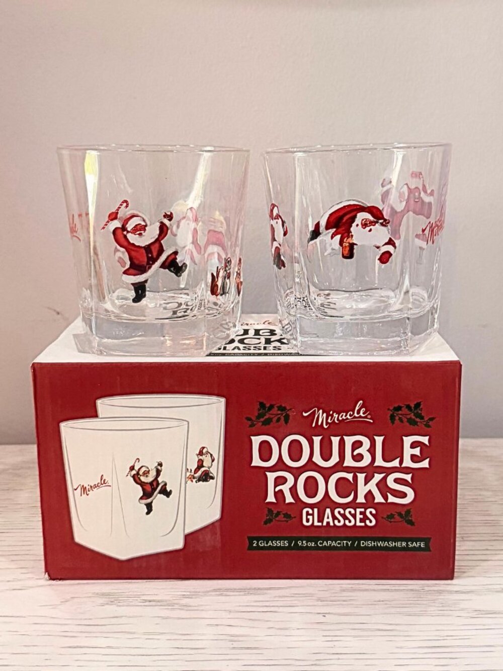 Miracle Set of 2 Christmas Santa Double Rocks Old Fashioned Drinking Glasses